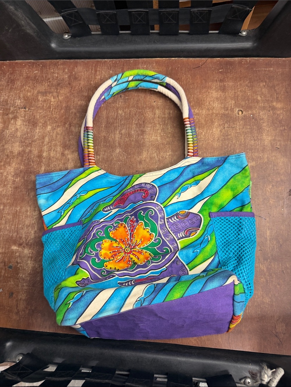 Vibrant Blue & Green Canvas Tote with Turtle Motif